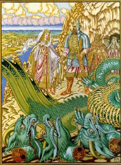 Ivan Bilibin Dobrynya Nikitich rescues Zabava from the dragon Gorynych oil painting picture